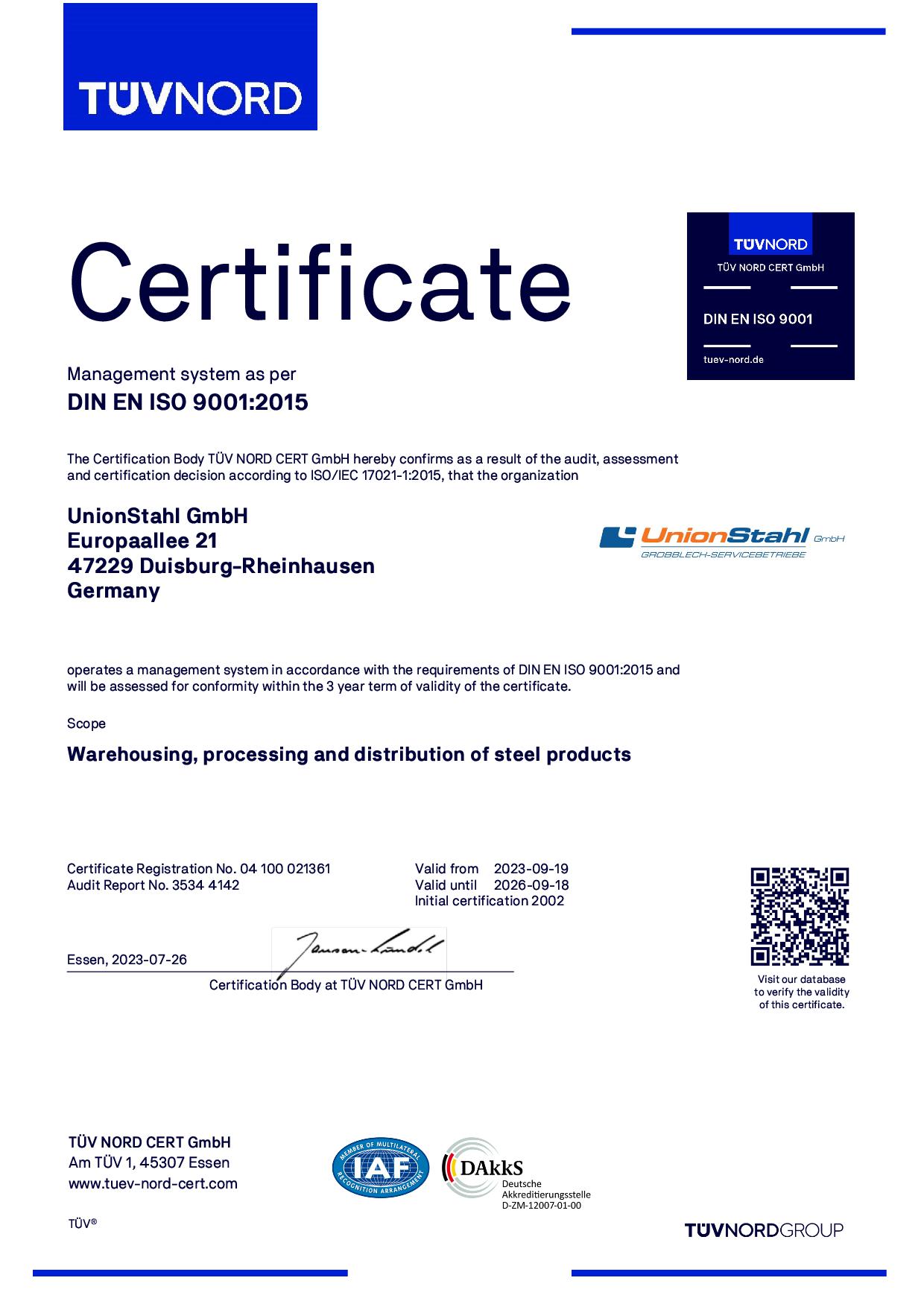 Certification ISO 9001:2015 of UnionStahl