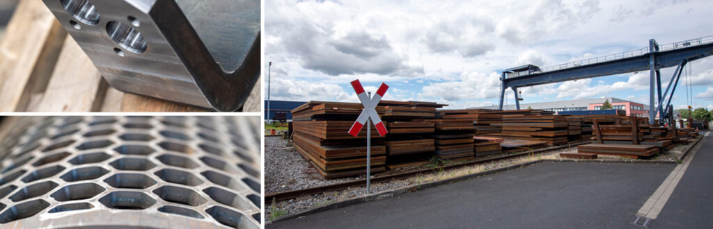 UnionStahl Collage: Präzise mechanische Bearbeitung, gelochte Stahlbauteile und großes Freilager mit Verladekran.