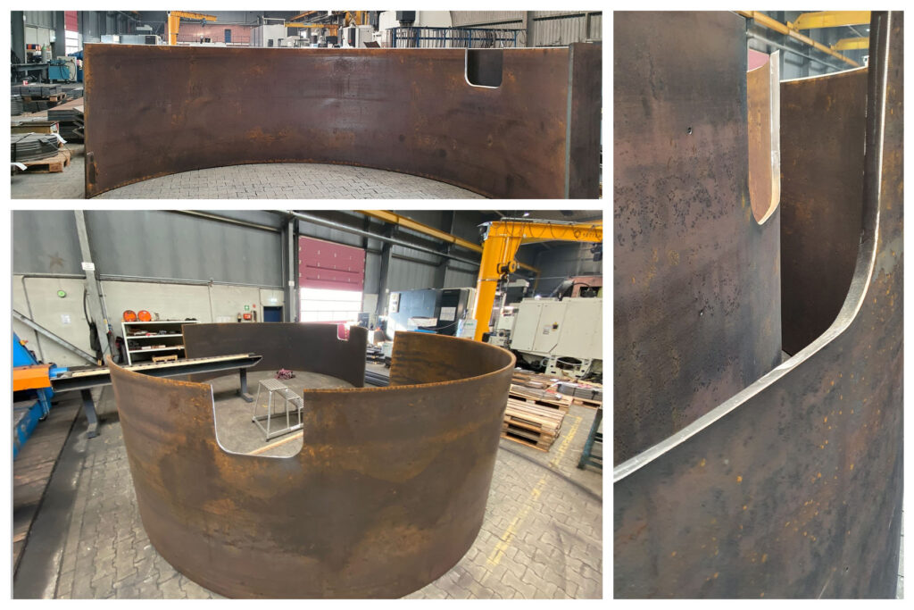 Großformatige Stahlbauteile für Stahlgießpfannen: Brennschneiden, Laserschneiden und mechanische Anarbeitung bis 140 mm Materialdicke für Stahl- und Anlagenbau.
