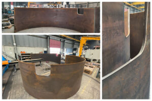 Large-format steel components for steel ladles: oxy-fuel cutting, laser cutting, and mechanical finishing for material thicknesses up to 140 mm for steel and plant construction.